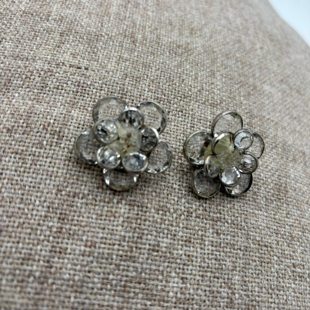 Vintage 1950s Clear Rhinestone Tiered Flower Clip On Earrings Mid Century Floral
